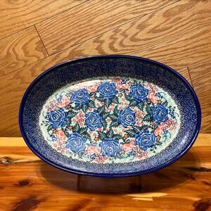 Unikat Ceremika Polish Pottery Casserole Dish Oval Blue Floral Bakeware 2007